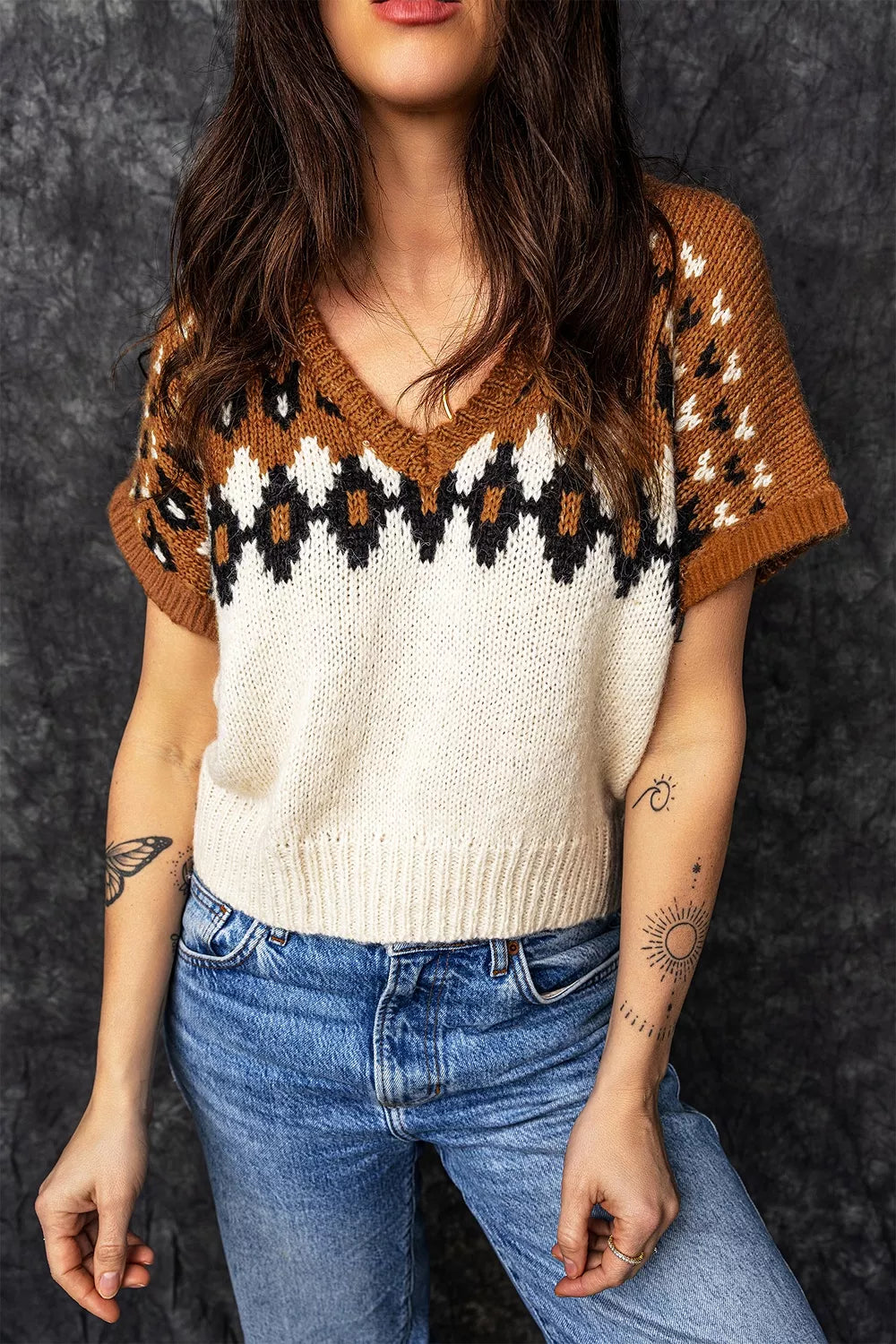 Trendsi V Neck Short Sleeve Geometric Sweater -