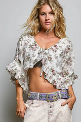 Trendsi POL Ruffle Tie Front Cropped Floral Woven Flutter Sleeve Top -