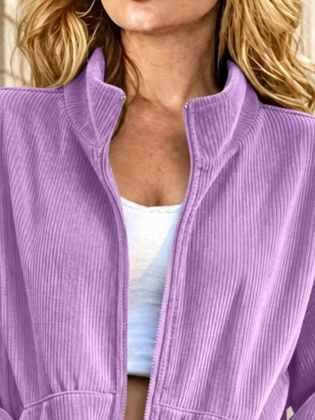 Corduroy Zip-Up Stand Collar Sweatshirt, collar detail