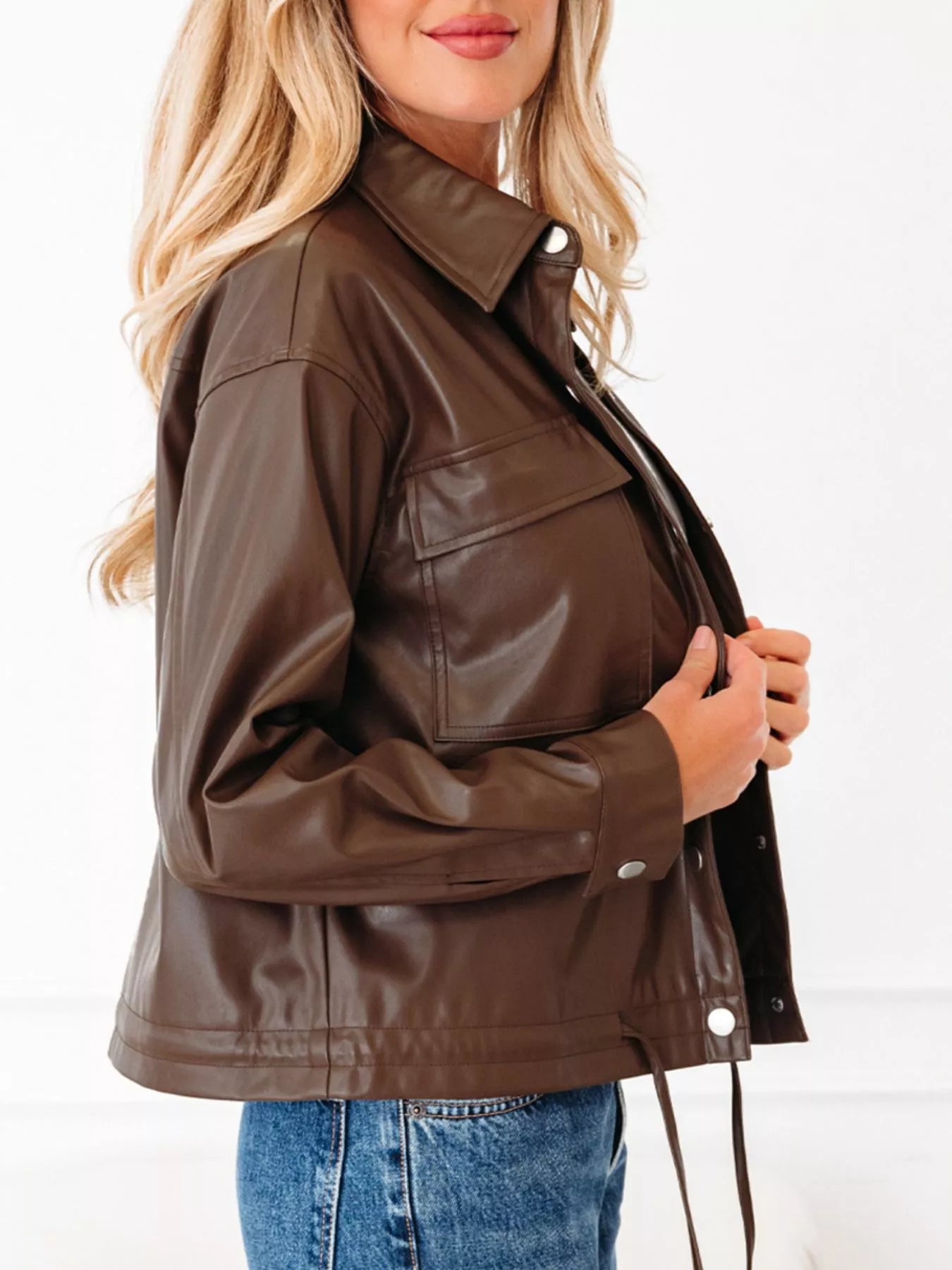 Trendsi Double Flap Pocket Drawstring Hem Leather Jacket -