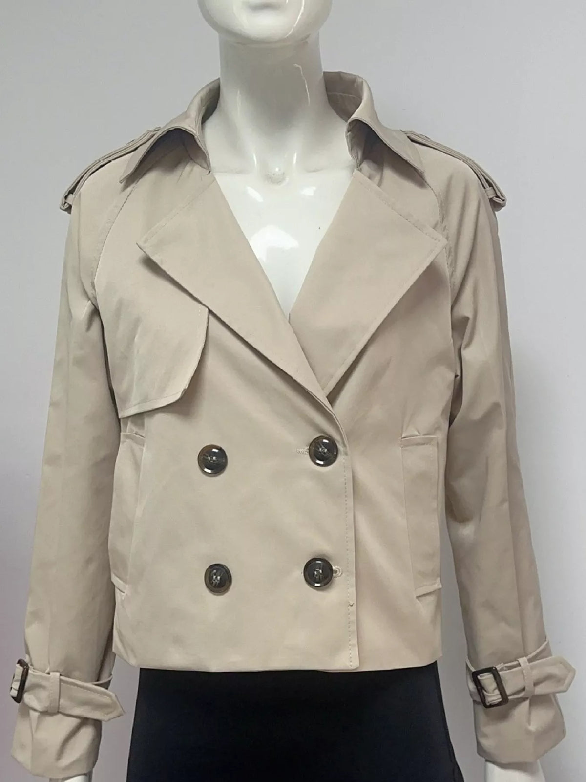 Women's Double-Breasted Cropped Trench Coat in beige — mannequin front view