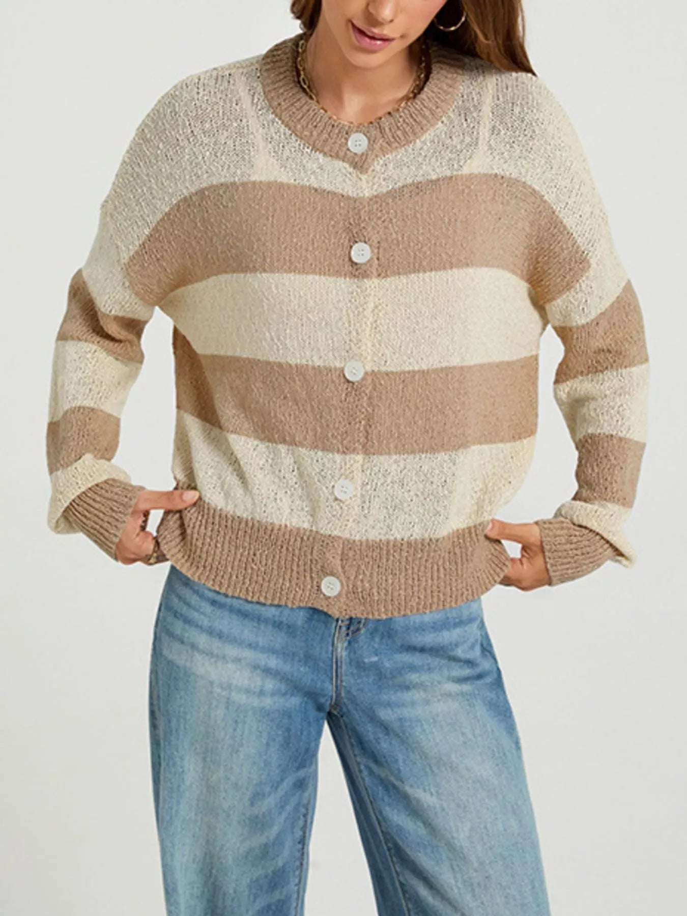 Trendsi Casual Striped Button-Down Knit Cardigan -