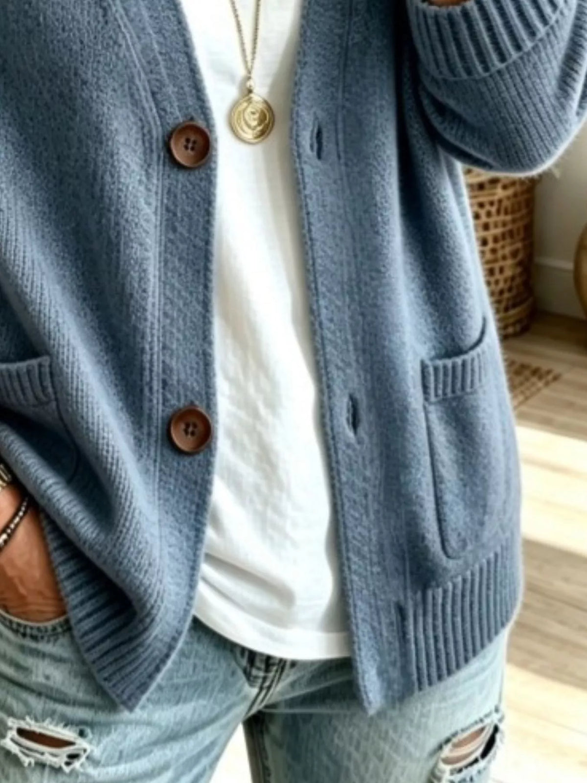 Women's Button Up Raglan Sleeve Cardigan in Sea Blue, back view