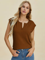 Trendsi Double Take Full Size Notched Cap Sleeve Knit Top -