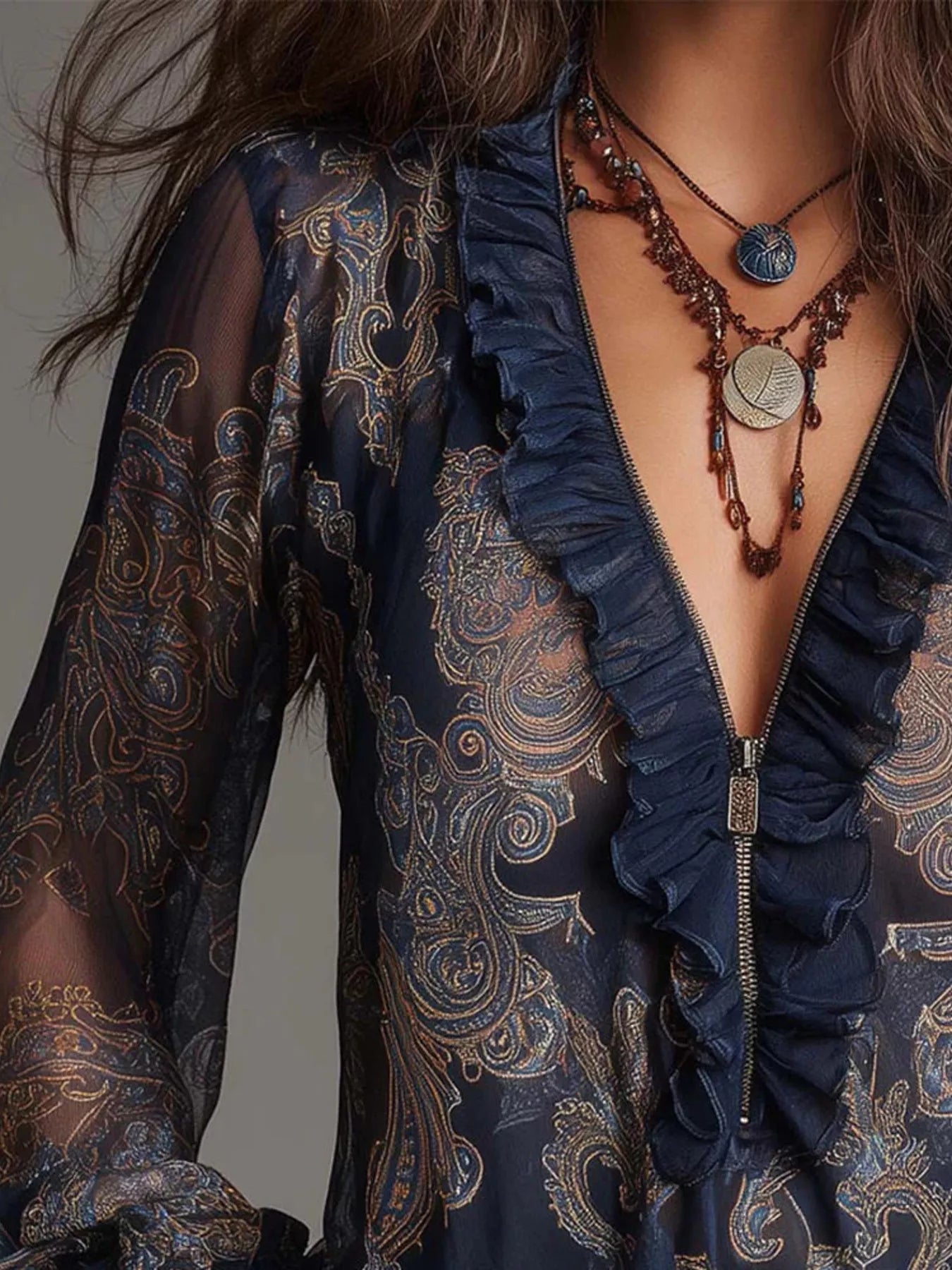Trendsi Full Size Paisley Print Ruffle Trim Zip-Front Blouse Plus Size -