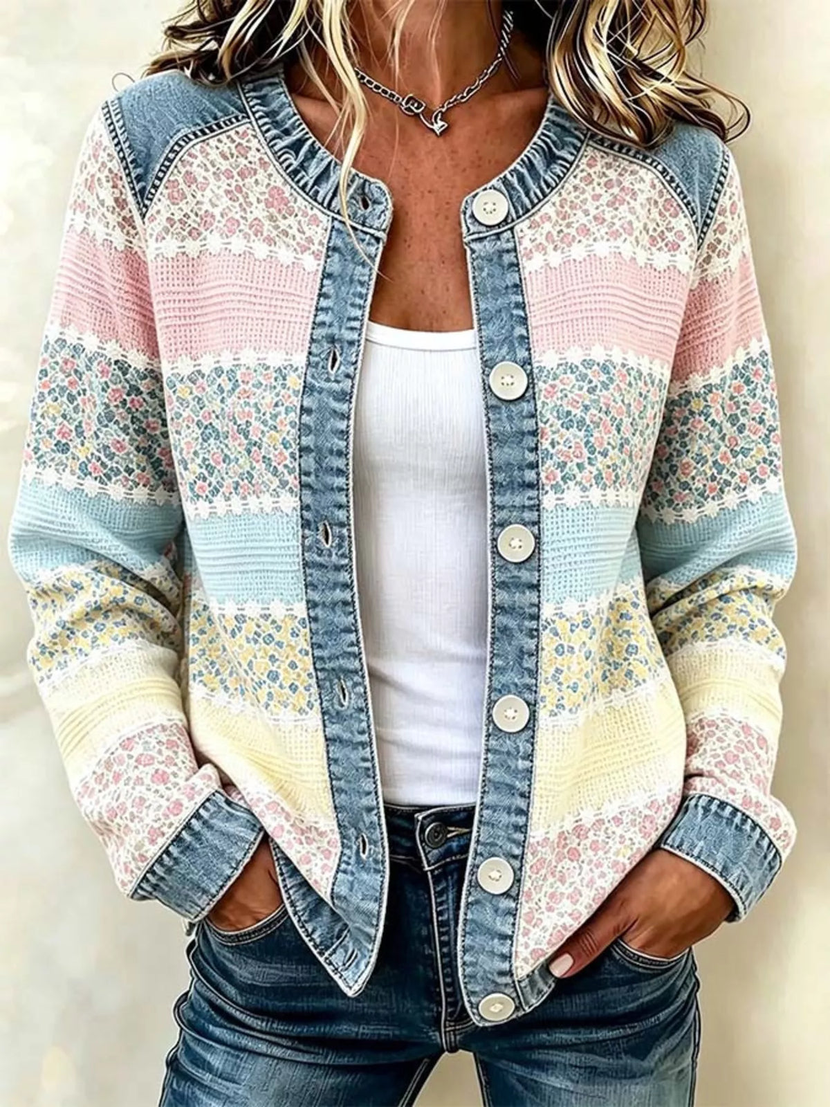 Floral patchwork denim-trim jacket