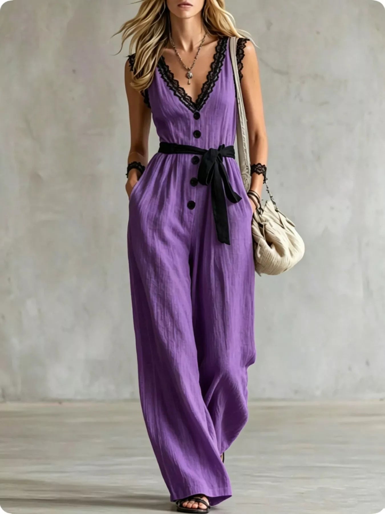 Trendsi Lace Detail V-Neck Sleeveless Jumpsuit -