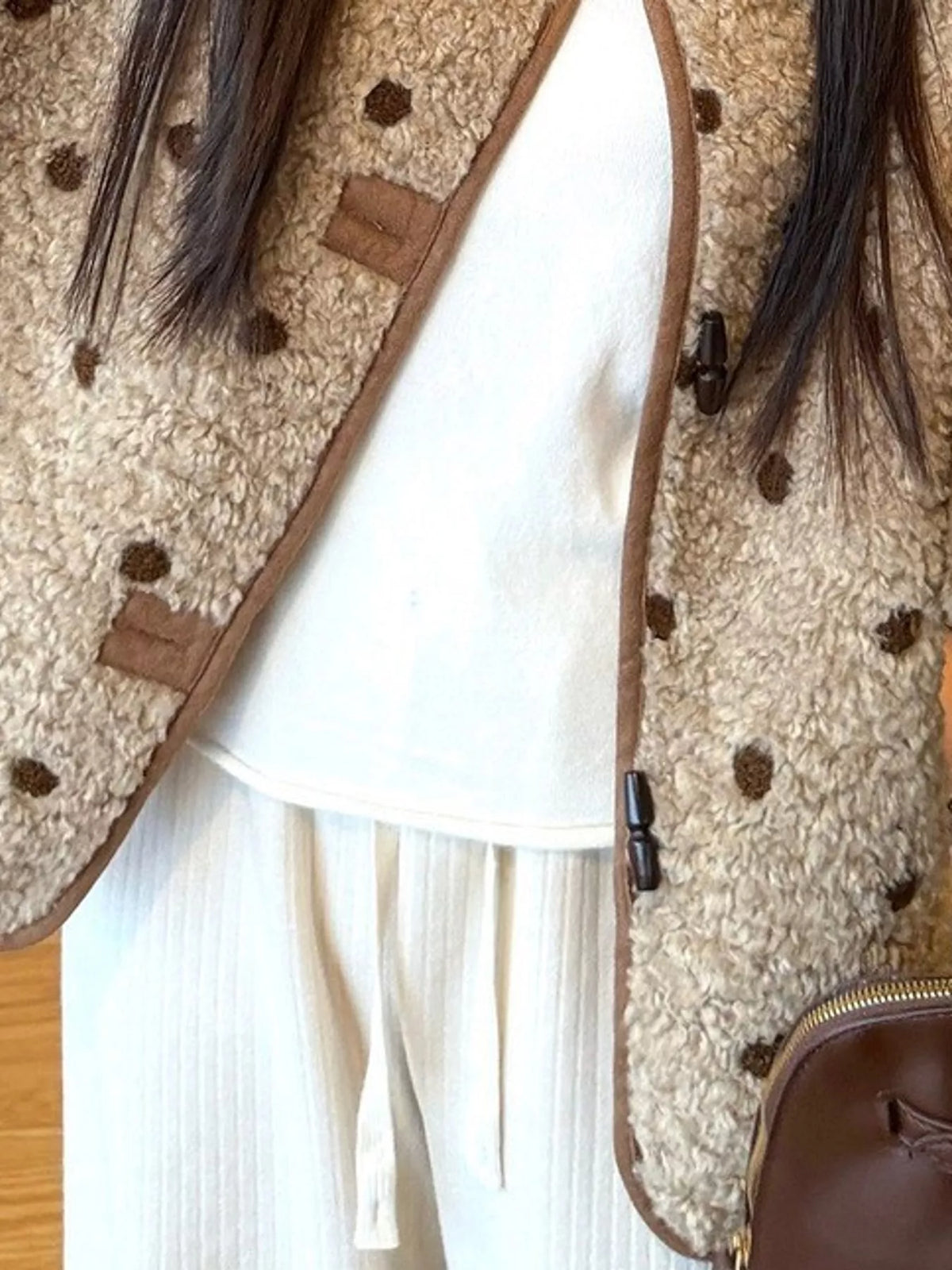 Beige with brown polka dots polka dot toggle jacket, detail view