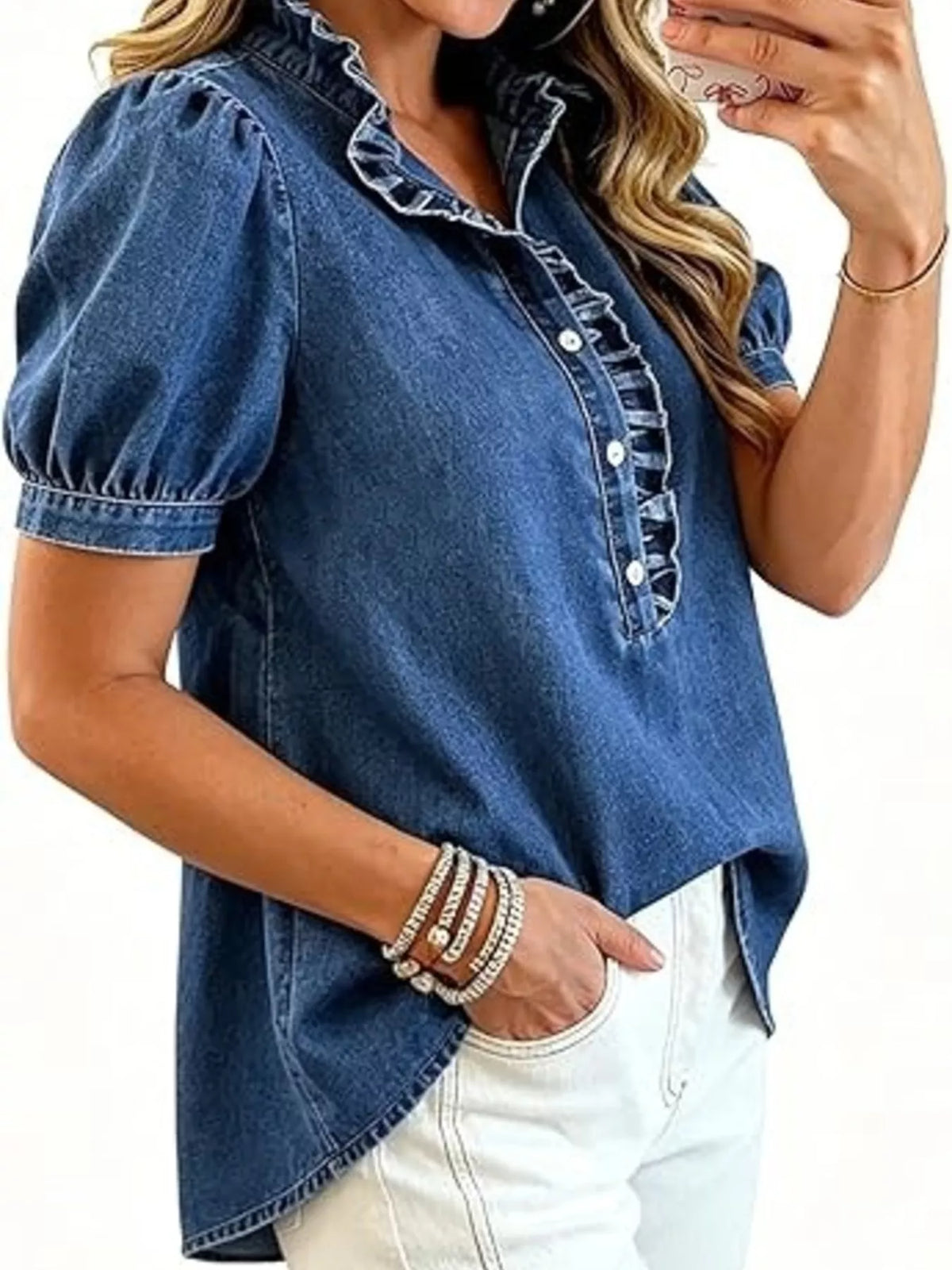 Trendsi Frill Puff Sleeve Denim Top -