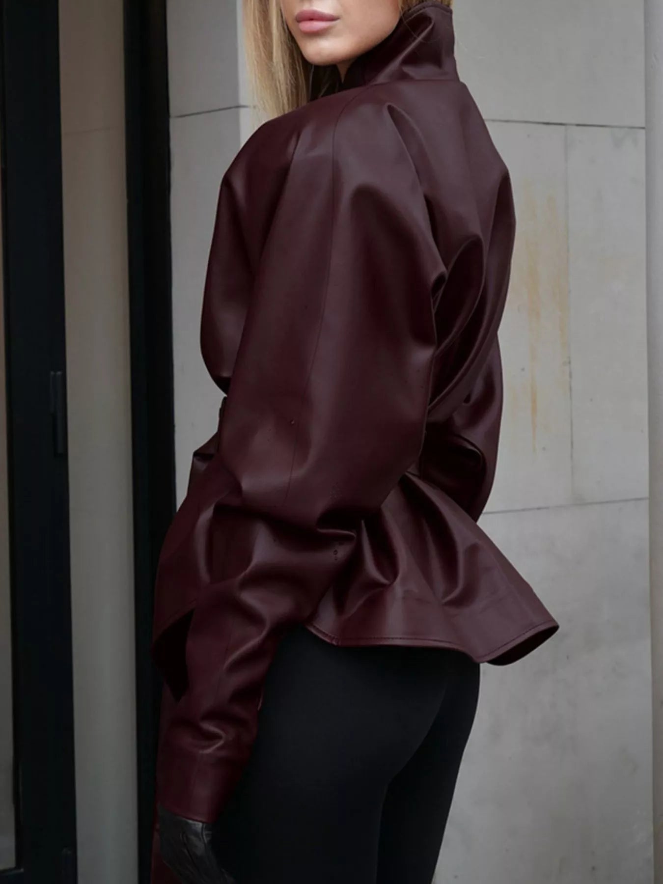 Trendsi Stand Collar Belted Faux Leather Jacket -