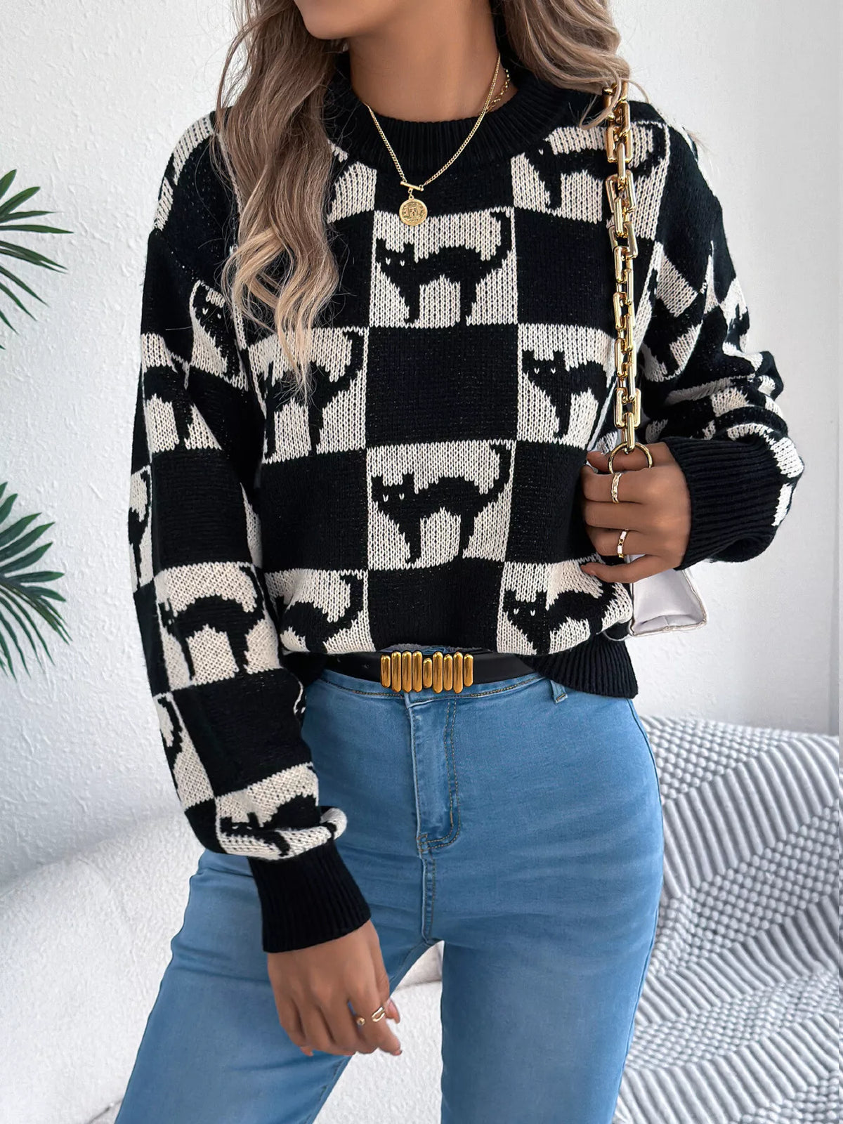 Checkerboard Halloween Graphic Sweater in black cat, front view