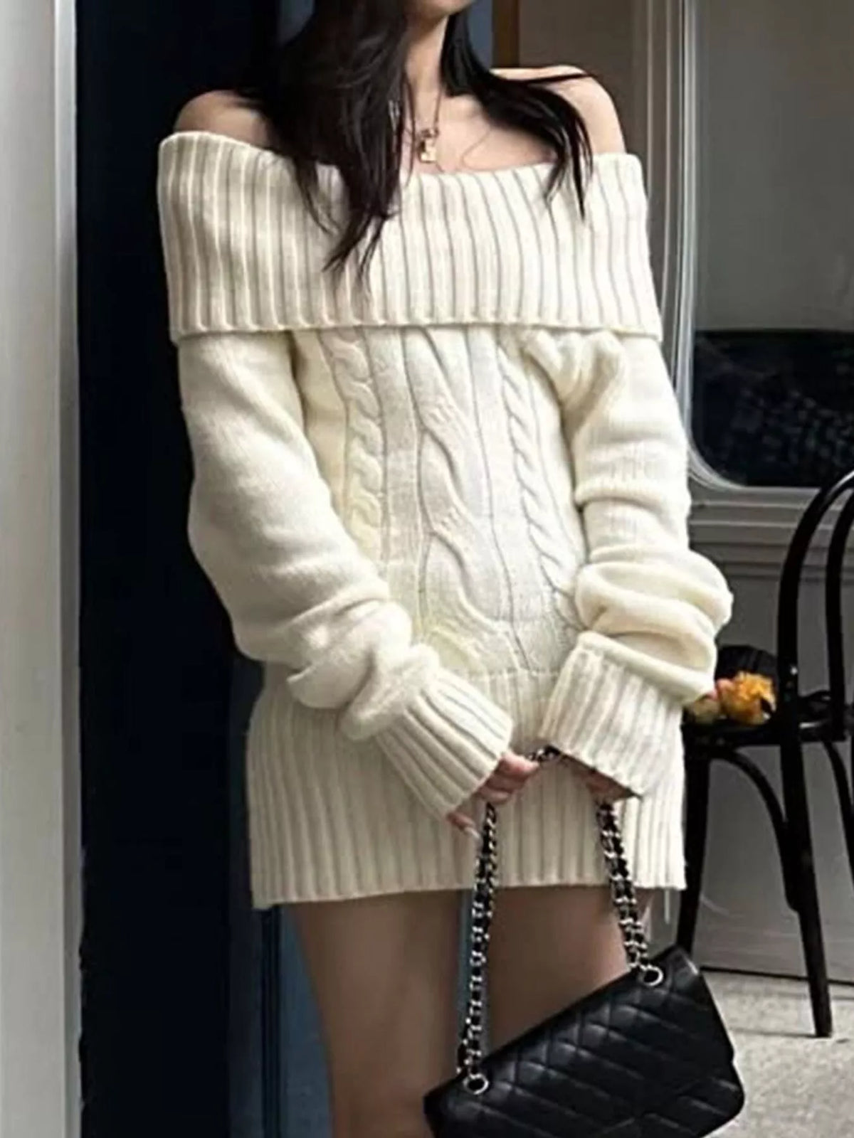 Off-Shoulder Cable Knit Sweater Dress in white, front view