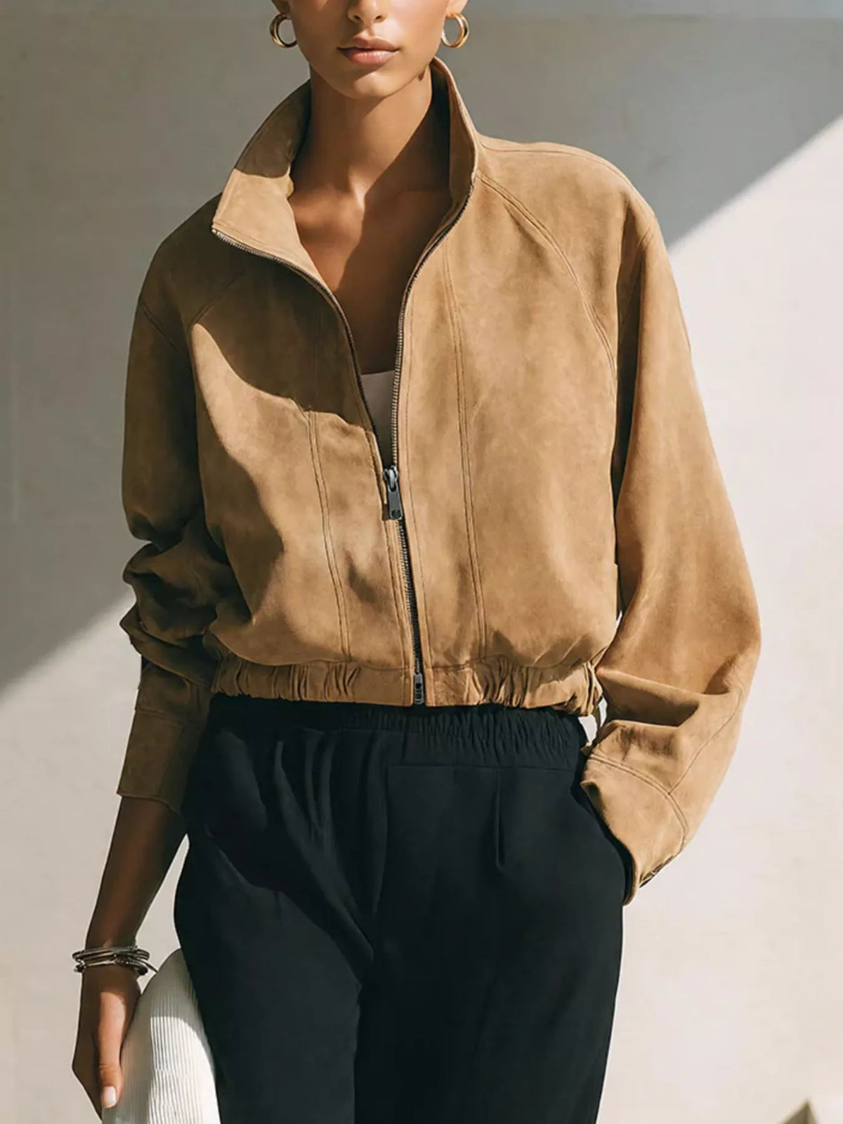 Faux Suede Zip-Up Stand Collar Cropped Jacket, front view