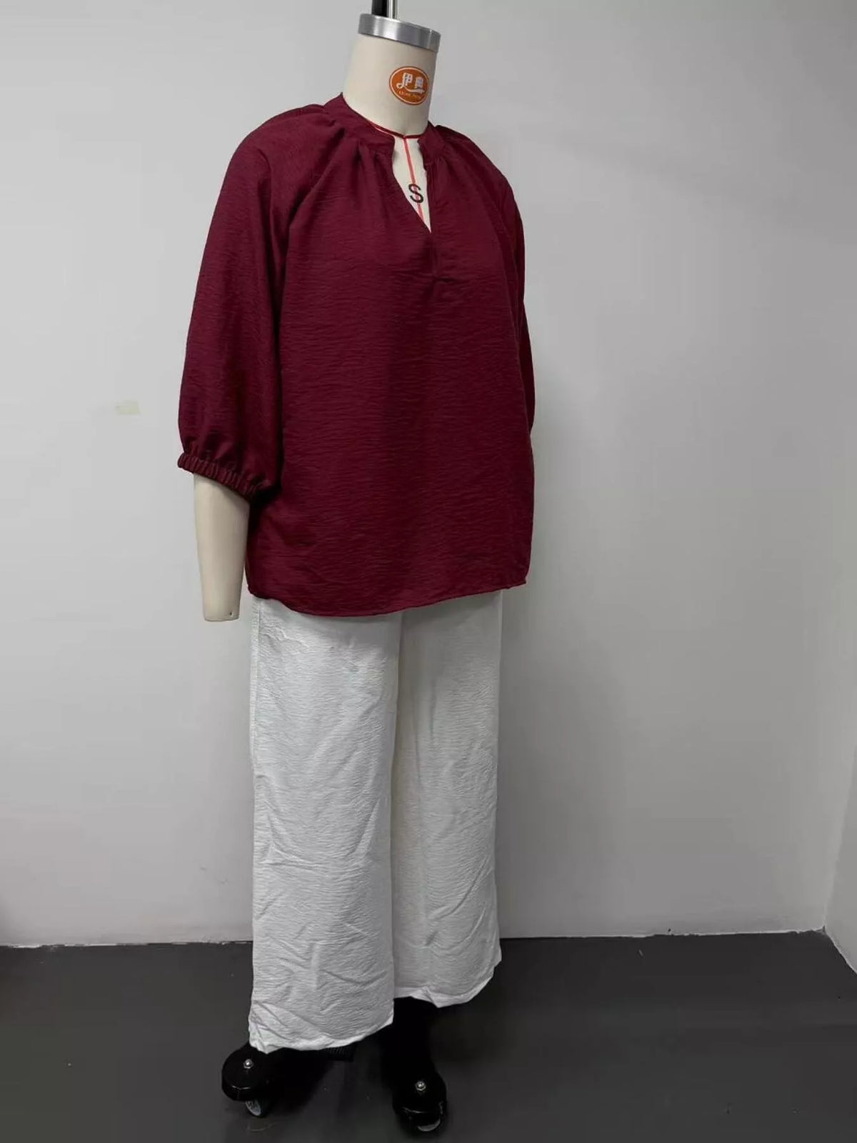 Burgundy Notched Long Sleeve Blouse & White Wide-Leg Pants Set side view