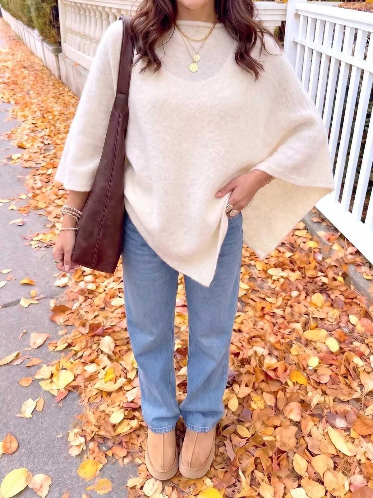 Milky White Oversized Round Neck Cape Sweater, front view