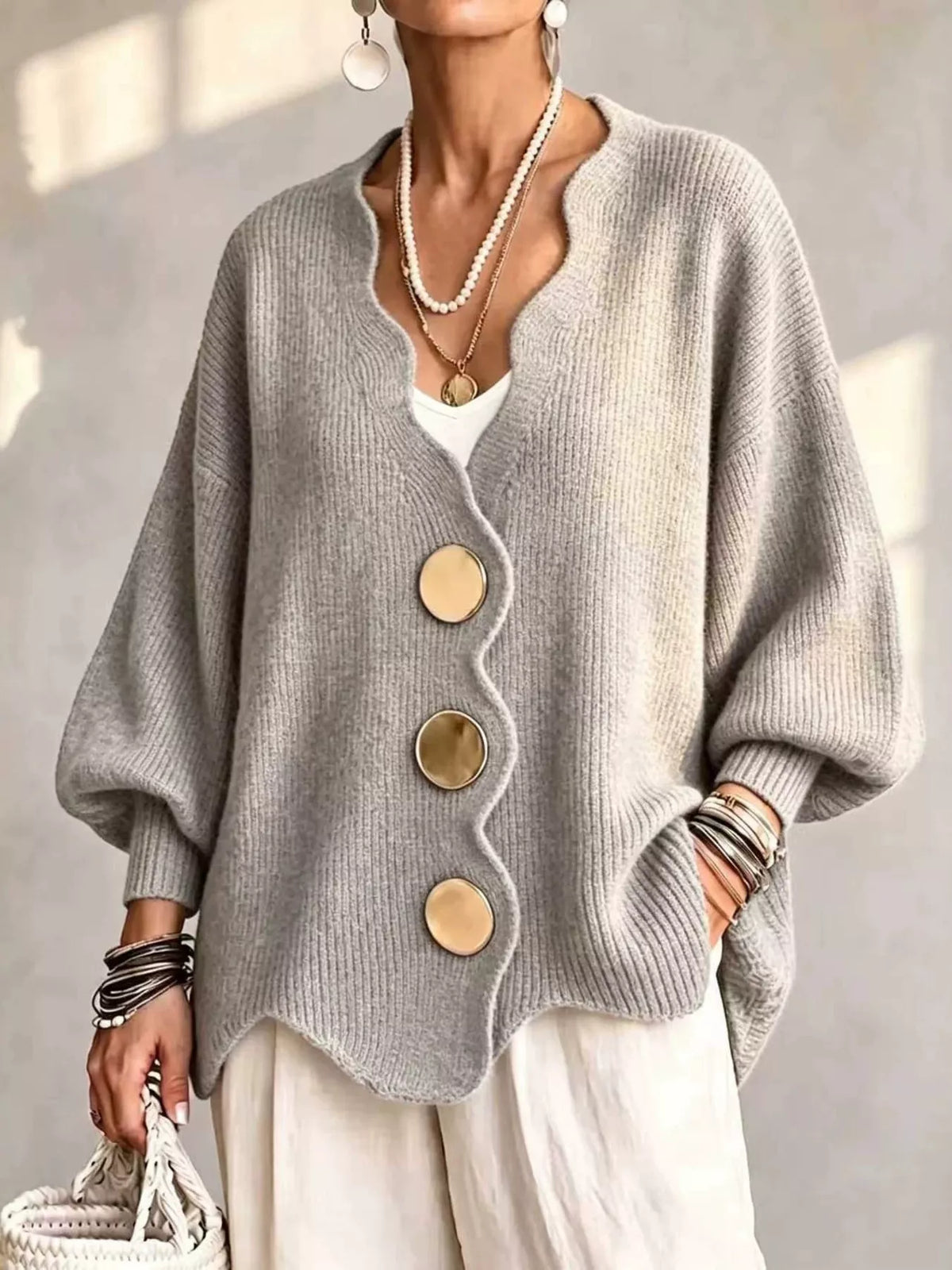 Women's Scalloped-Edge Oversized Button-Down Cardigan in Light Gray, front view