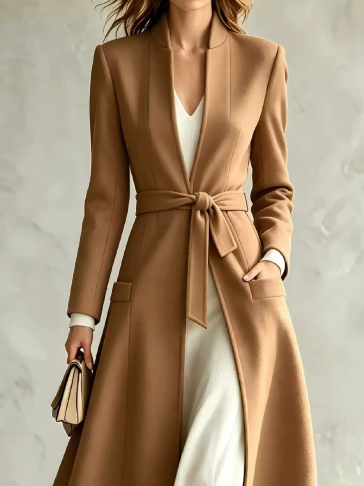 Tan tie waist long sleeve coat — design and construction details