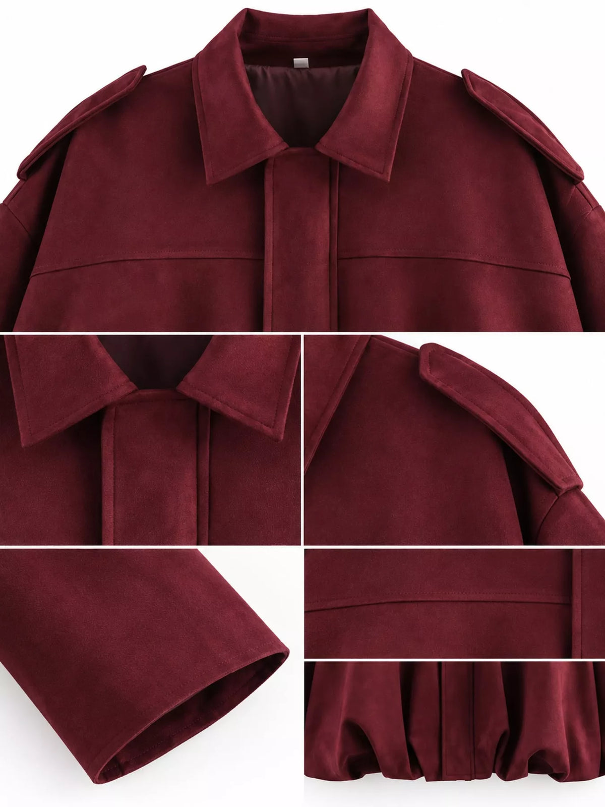 Burgundy elastic hem batwing sleeve jacket, pointed collar, shoulder tabs, cuff, and gathered hem close-ups