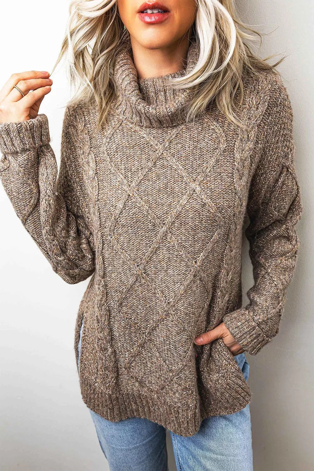 Cable-knit sweater, taupe cable-knit front