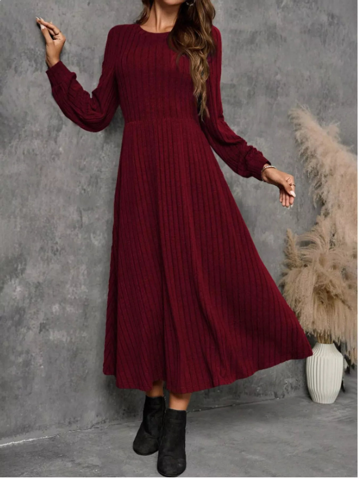 Women's Ribbed Knit Long Sleeve A-Line Midi Dress in burgundy — front view