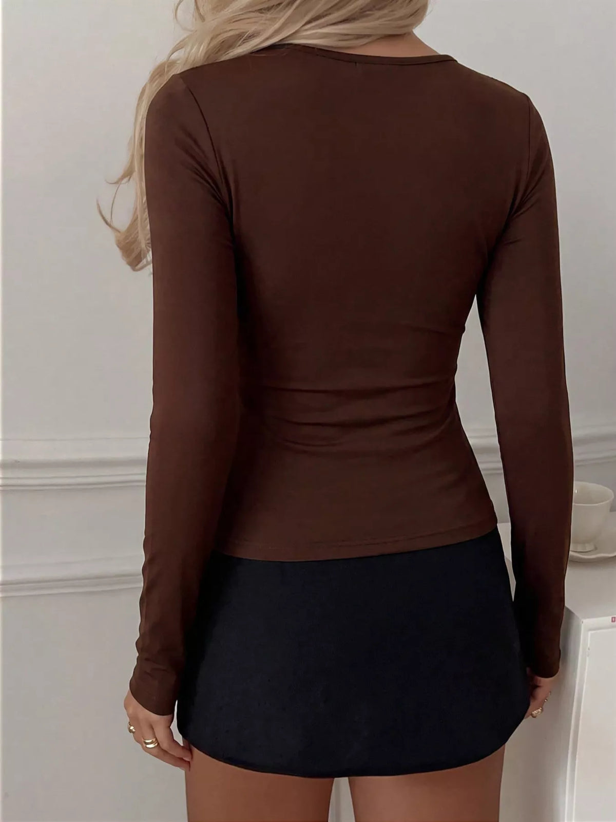 Slim-fit Long Sleeve Scoop Neck Ruched T-Shirt, back view