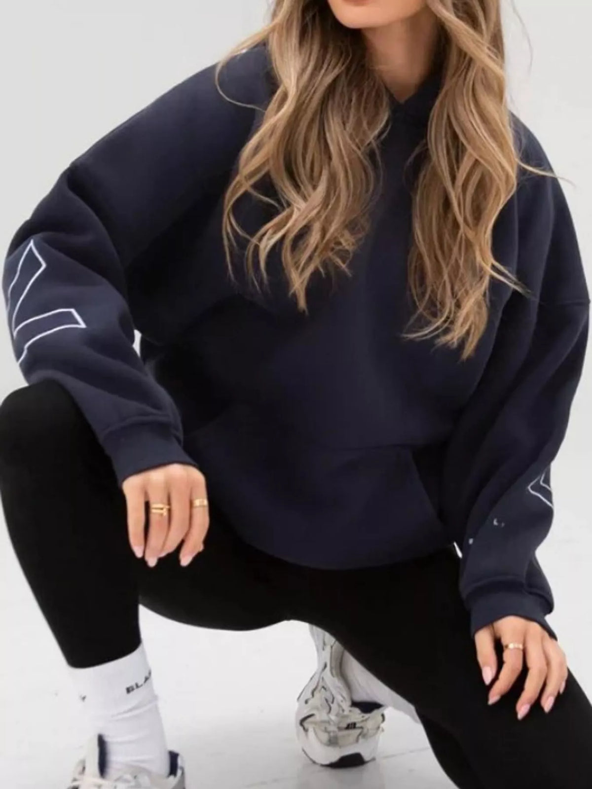 Navy letter-print pullover hoodie with kangaroo pocket