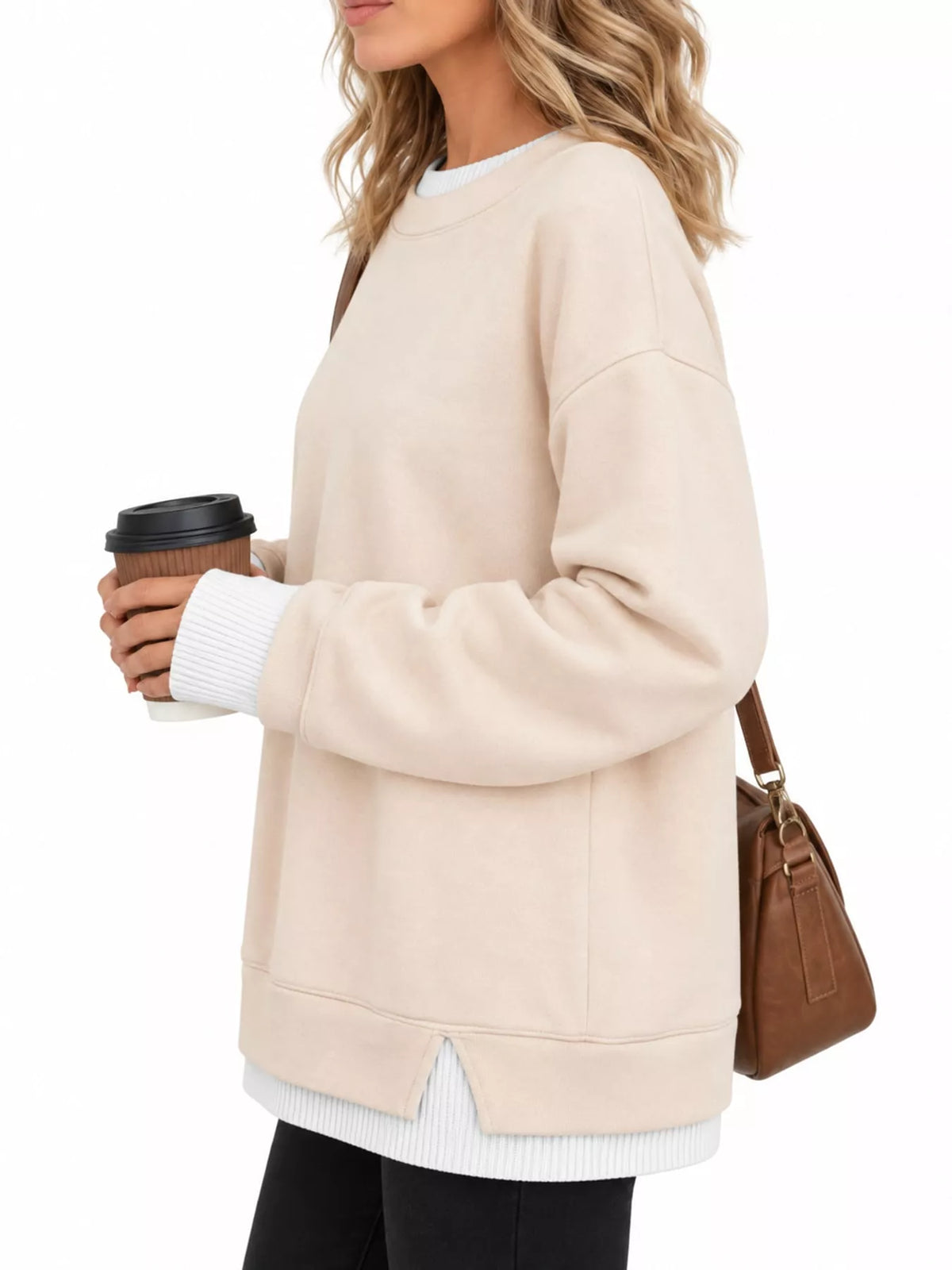 Layered Look Crew Neck Sweatshirt in cream, side view