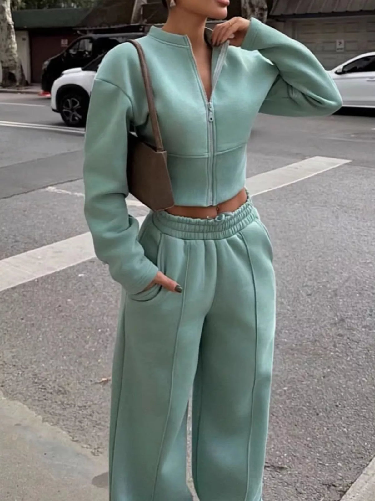 Trendsi Zip-Up Crop Jacket and Wide-Leg Pants Set -