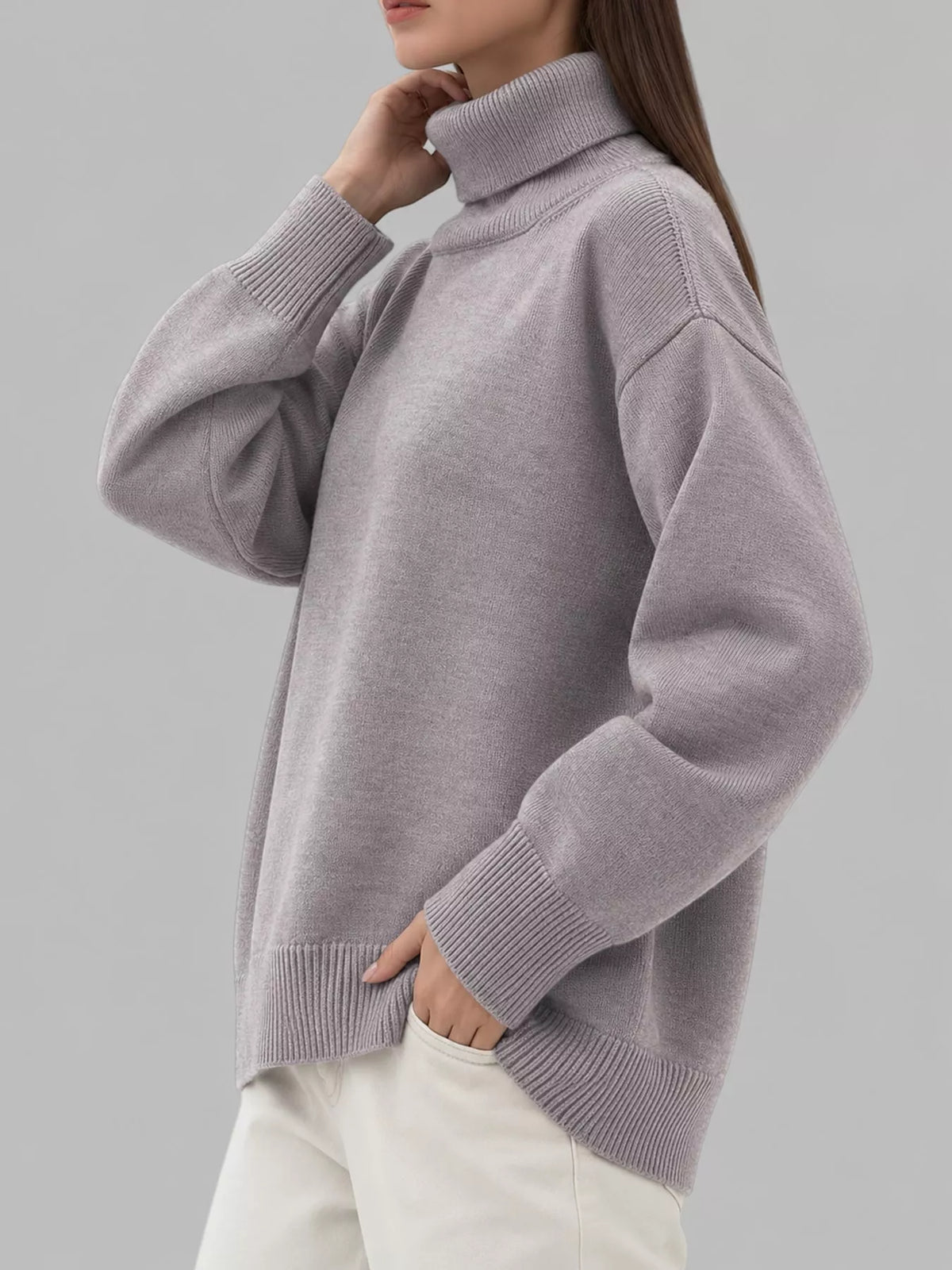 Turtleneck sweater, gray angled front