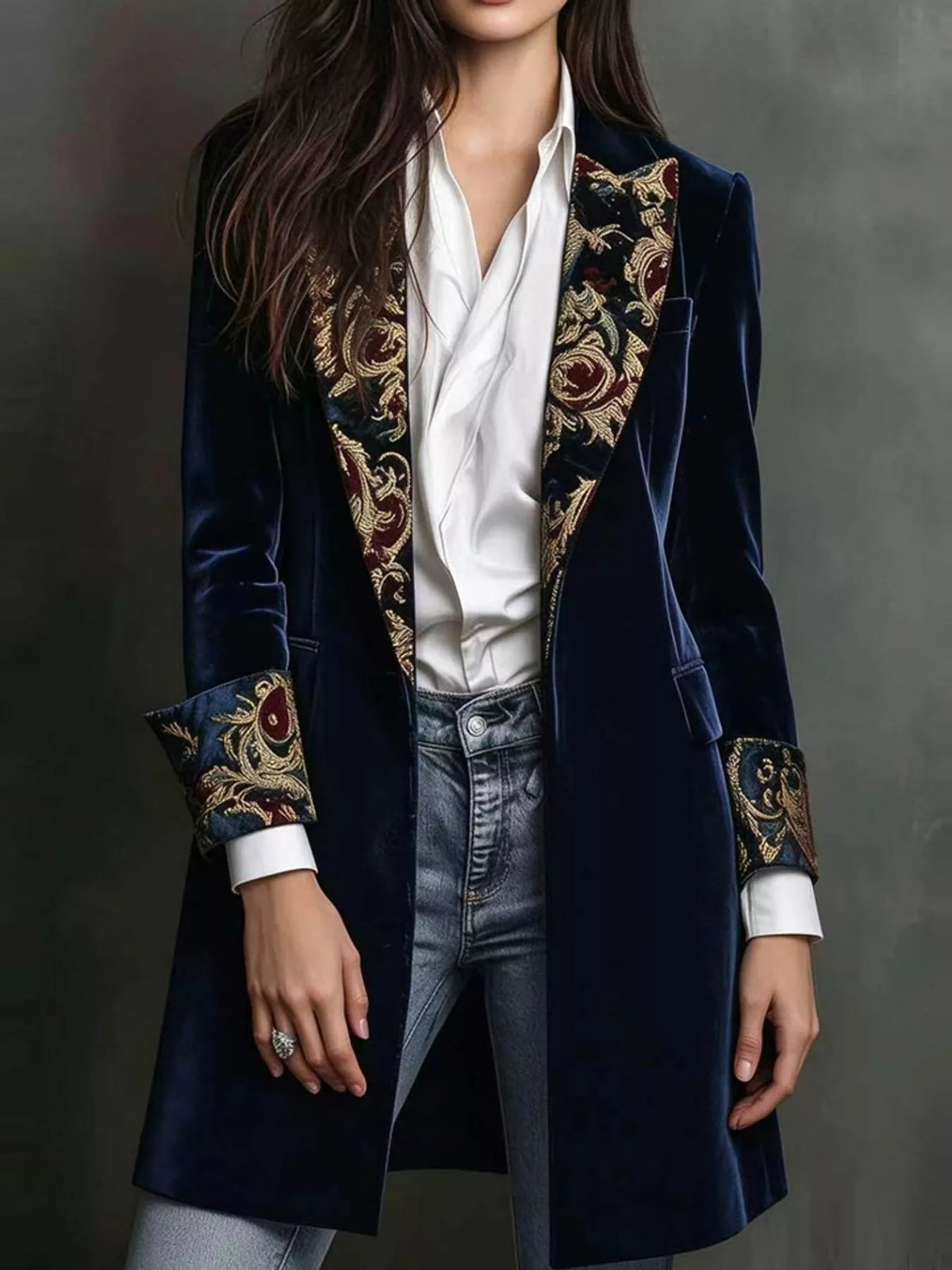 Blue (with Lining) floral lapels and cuffs velvet blazer
