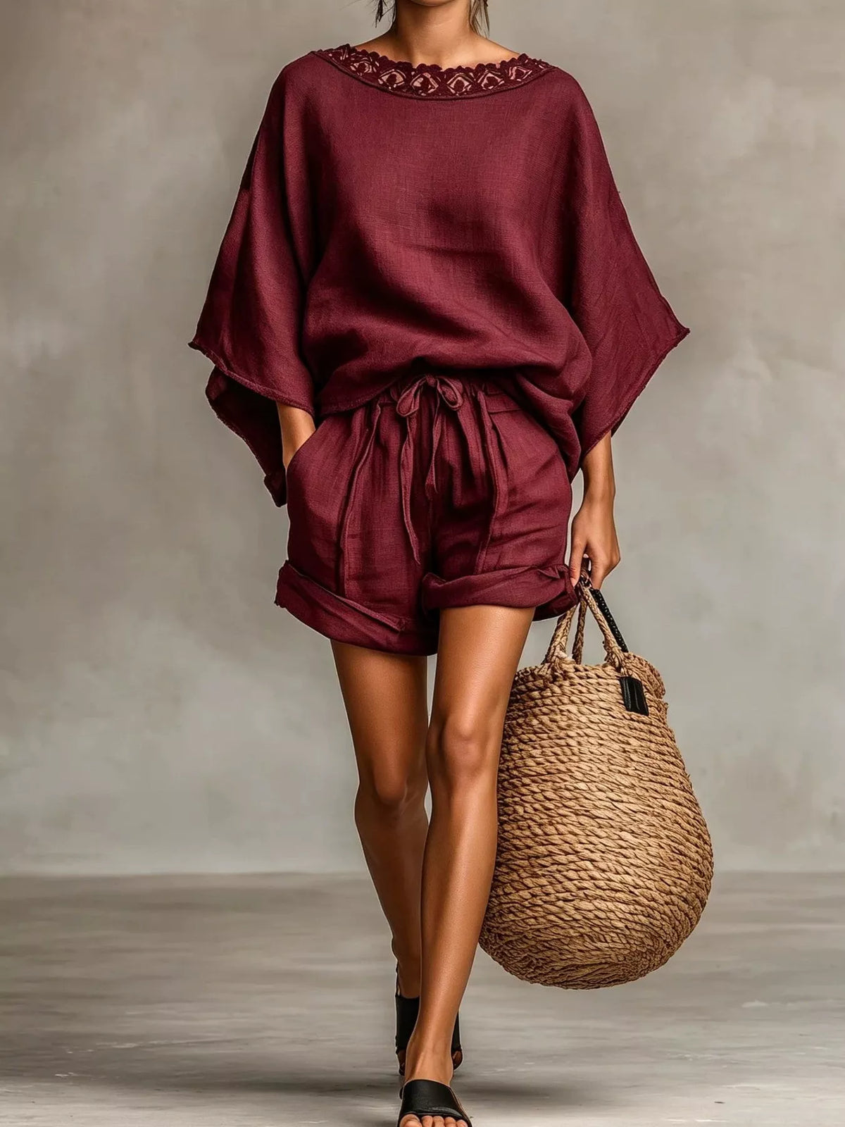 Burgundy lace-trim top and drawstring shorts set, full set front view.