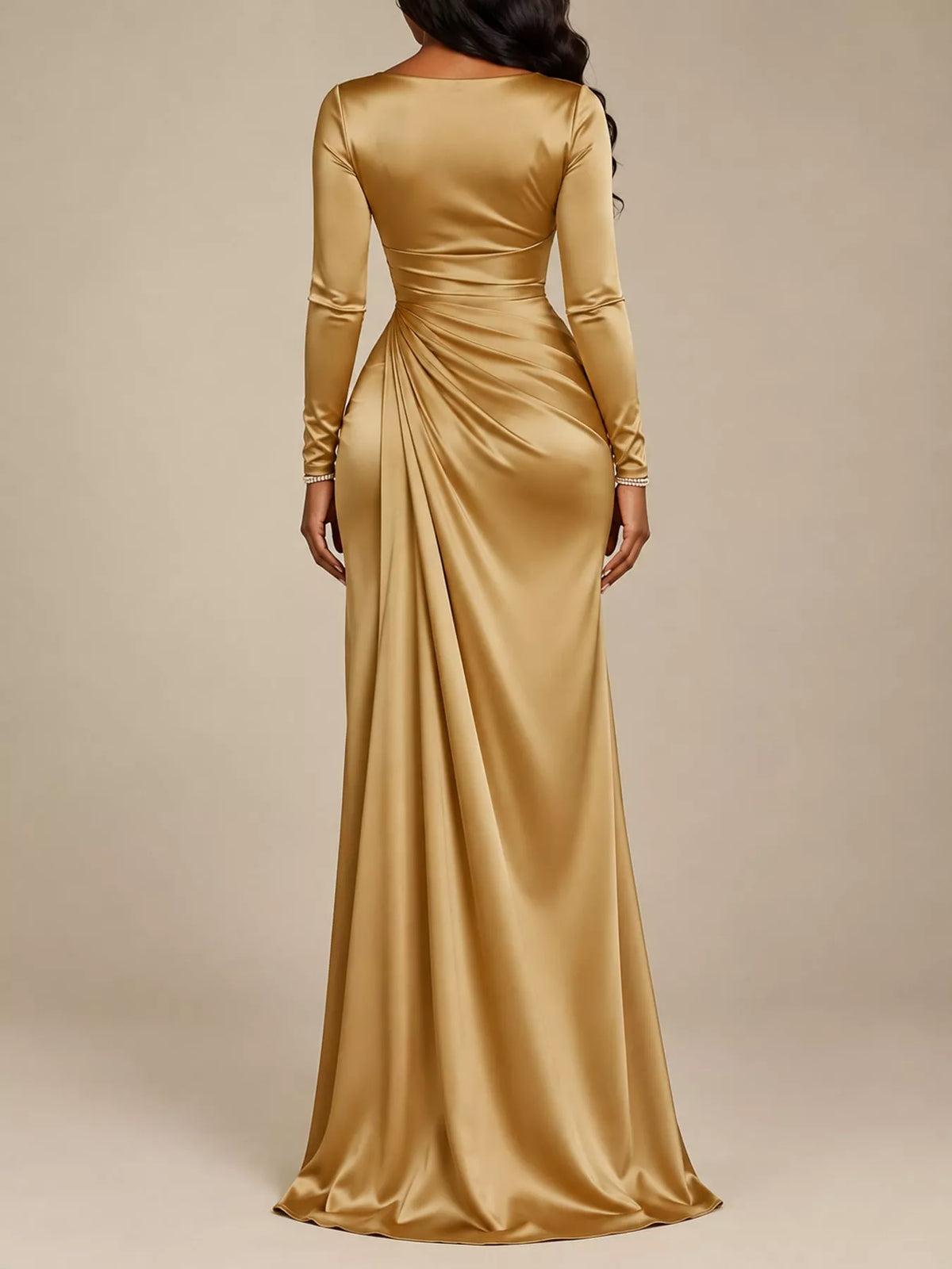 Gold satin cowl neck high-slit maxi dress, back view