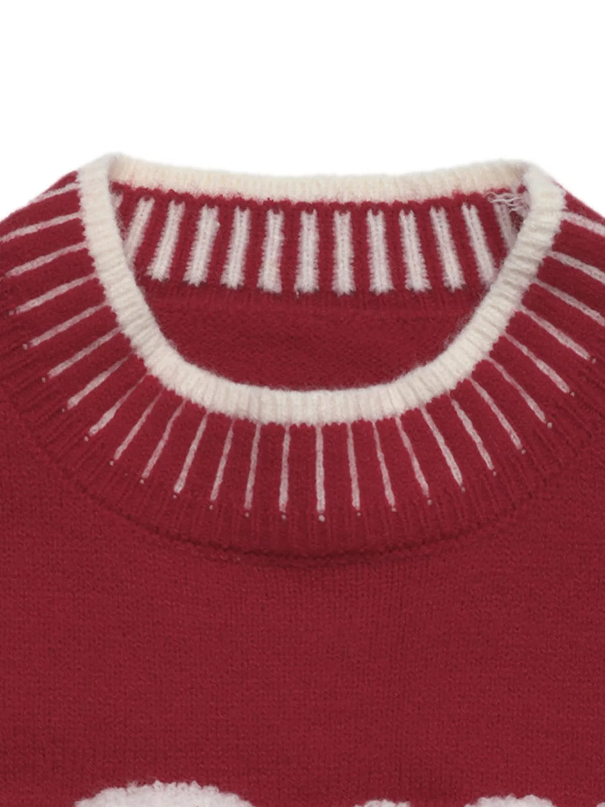 Red merry letter crew neck sweater, detail view