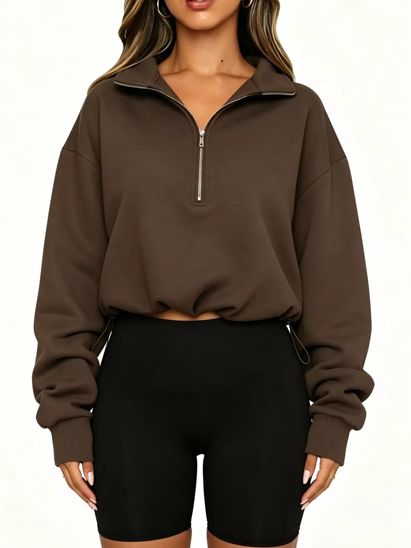 Trendsi Half Zip Drawstring Hem Sweatshirt -