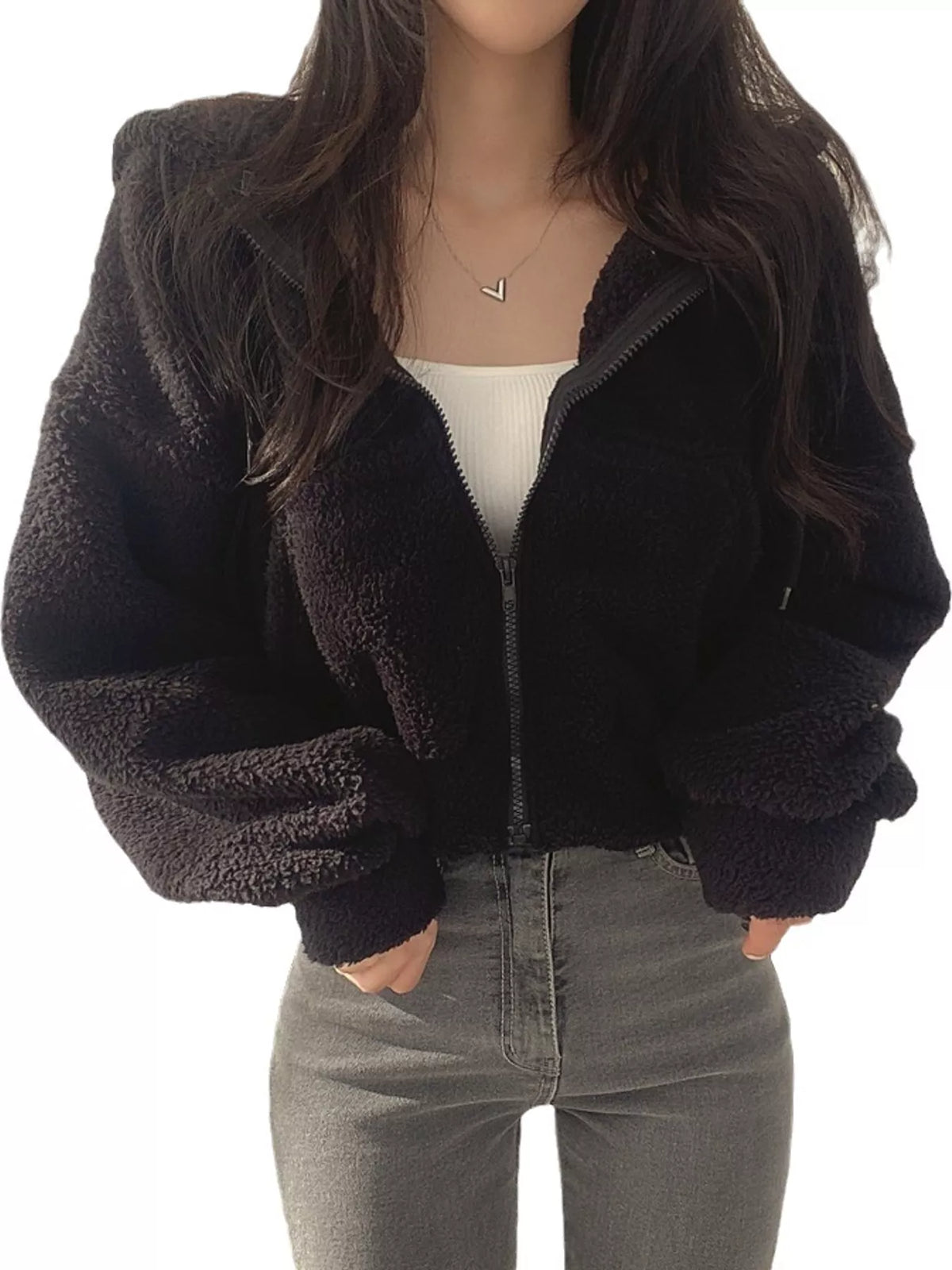 Cropped sherpa hoodie, black front