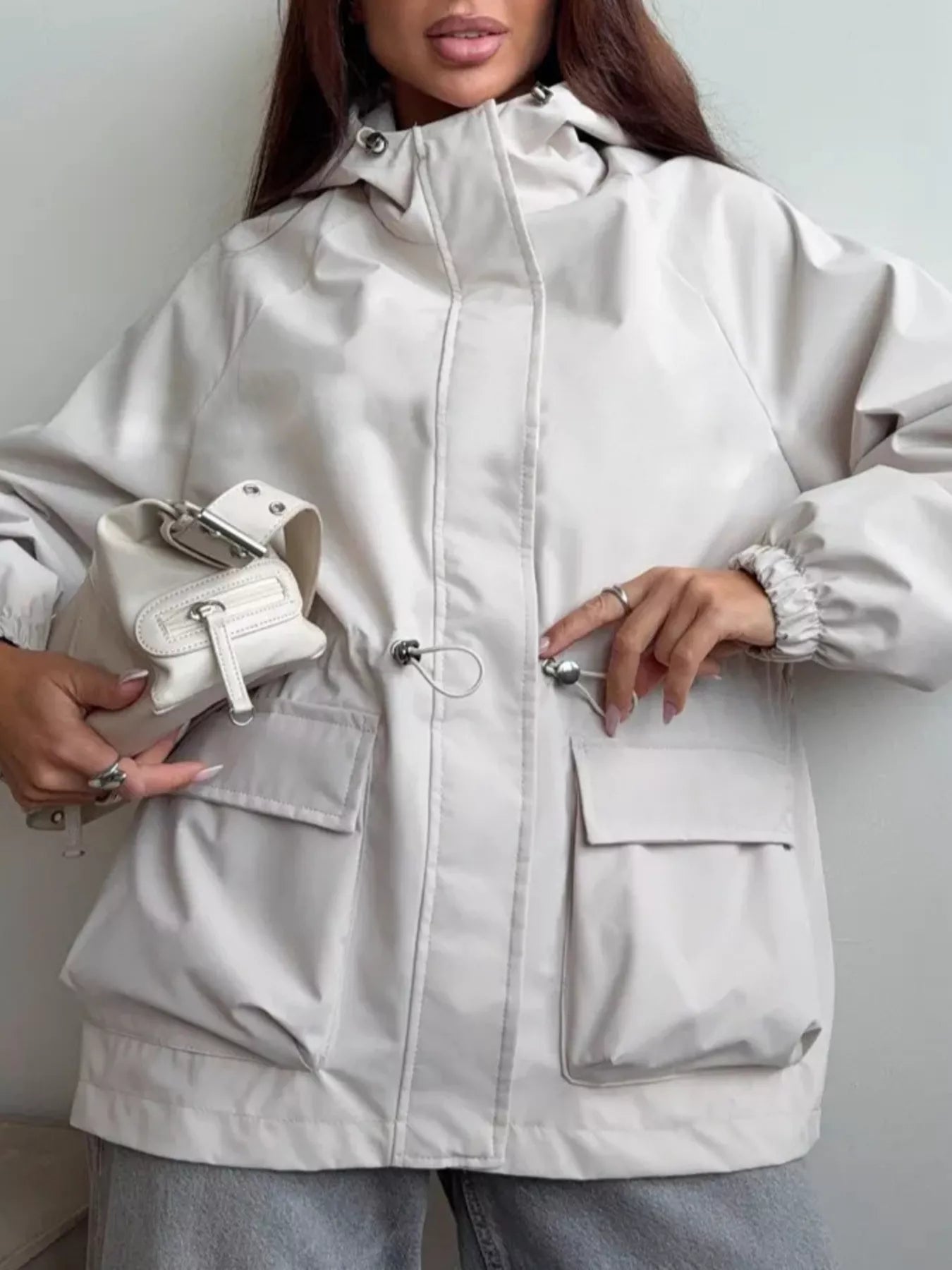Trendsi Drawstring Waist Hooded Windbreaker Outerwear -