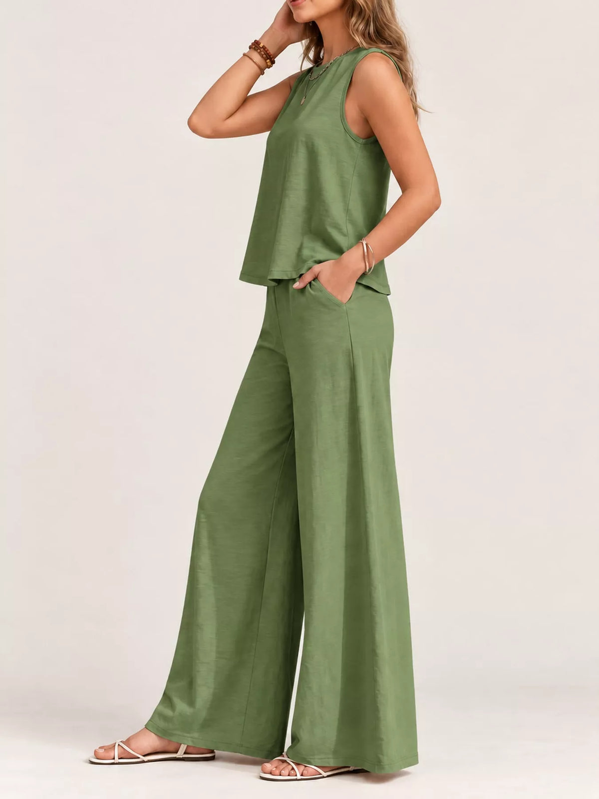 Sleeveless Tank Top and Wide-Leg Pants Set — side view