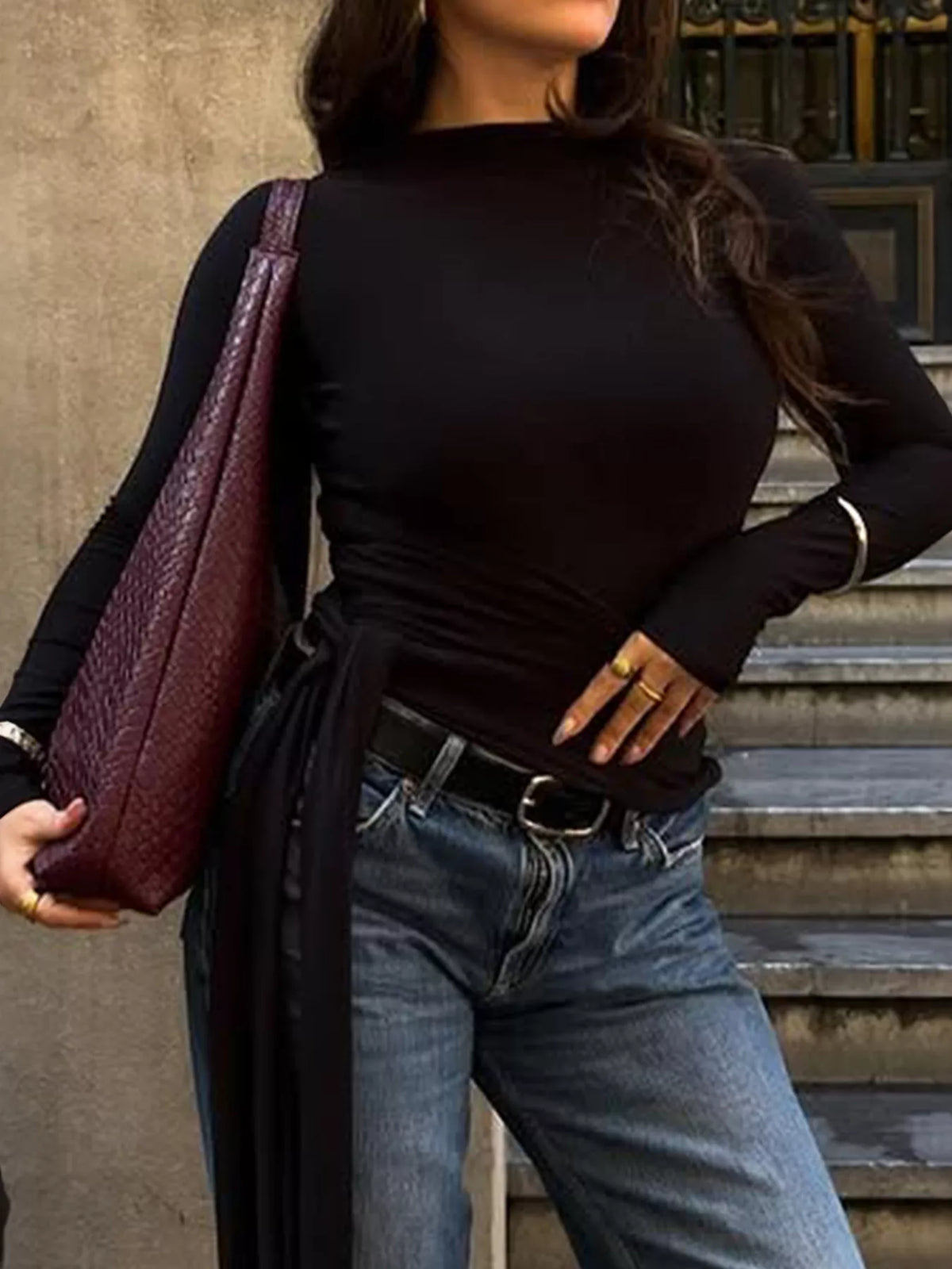 Mock Neck Long Sleeve T-Shirt in black, front view