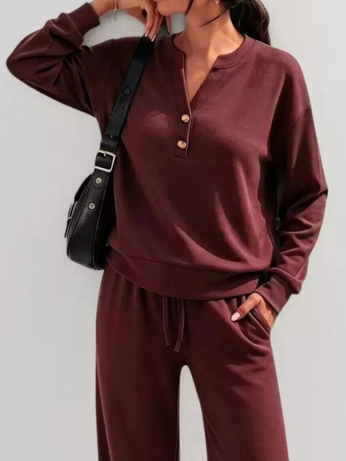 Button-detail dropped-shoulder top and pants set