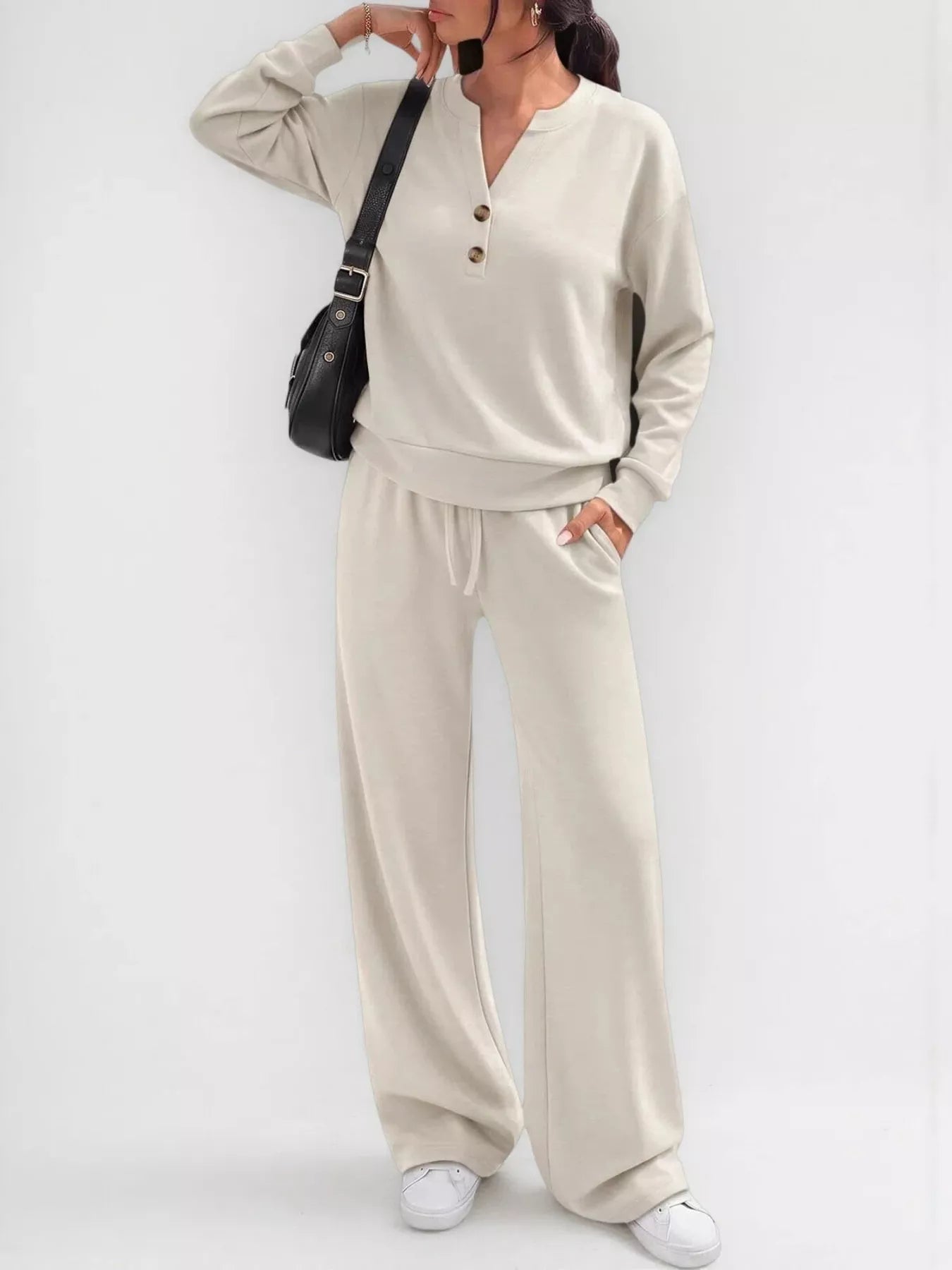 Button-detail dropped-shoulder top and pants set