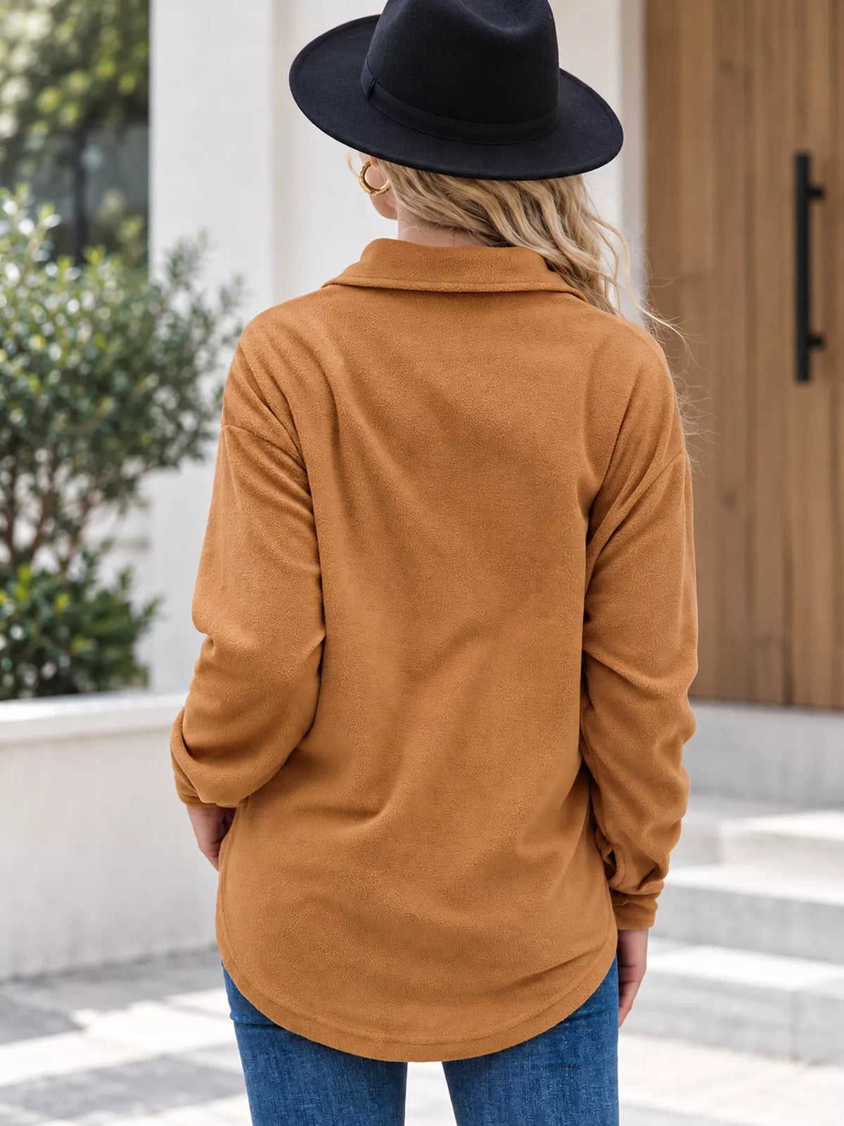 Women's Button-Down Long Sleeve Shacket in camel — back view