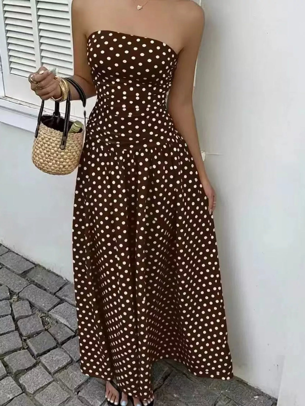 Women's Strapless Polka Dot Ruched Maxi Dress in brown dots — front view