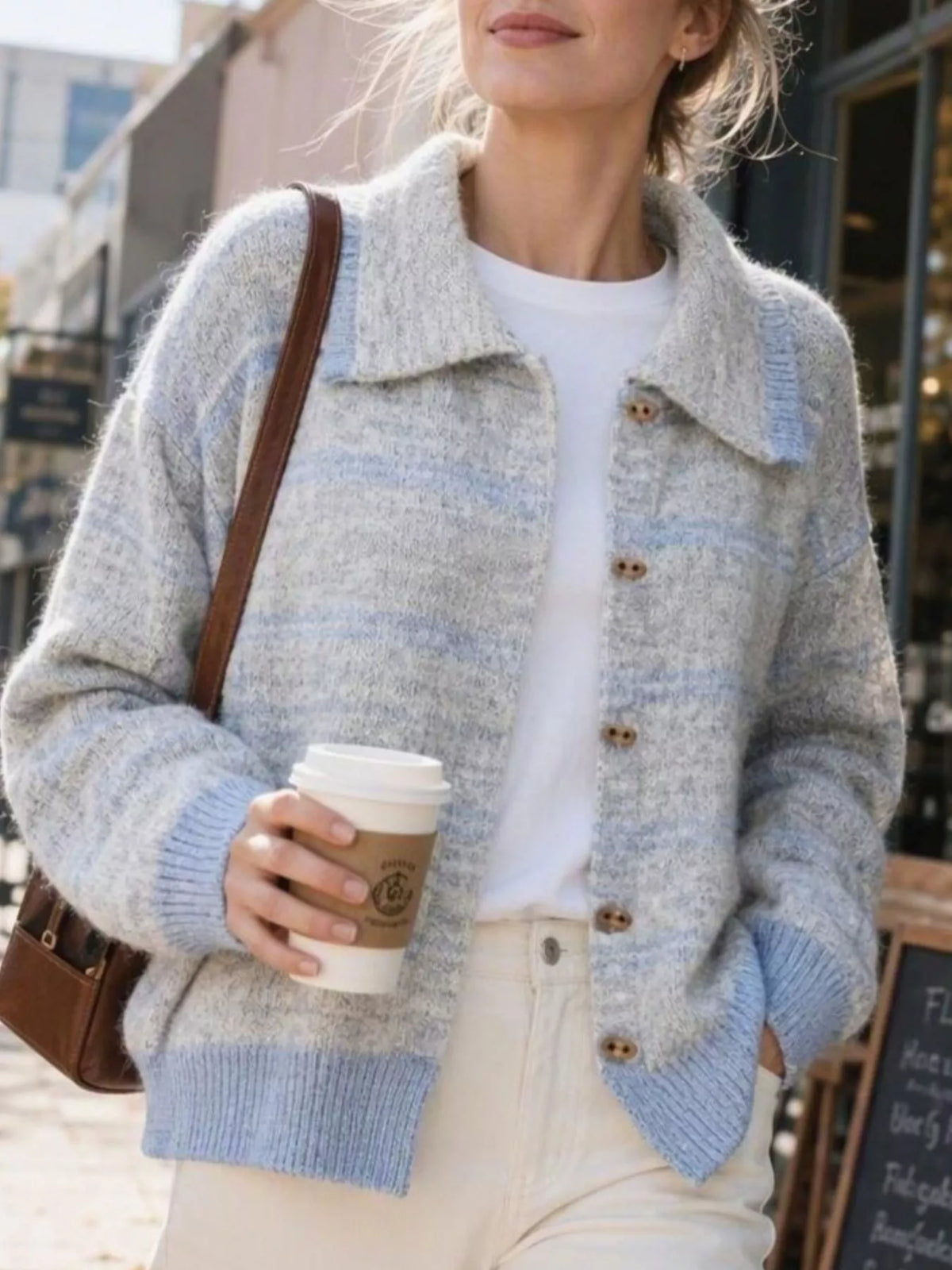 Light Gray Striped Button-Down Knit Cardigan front view