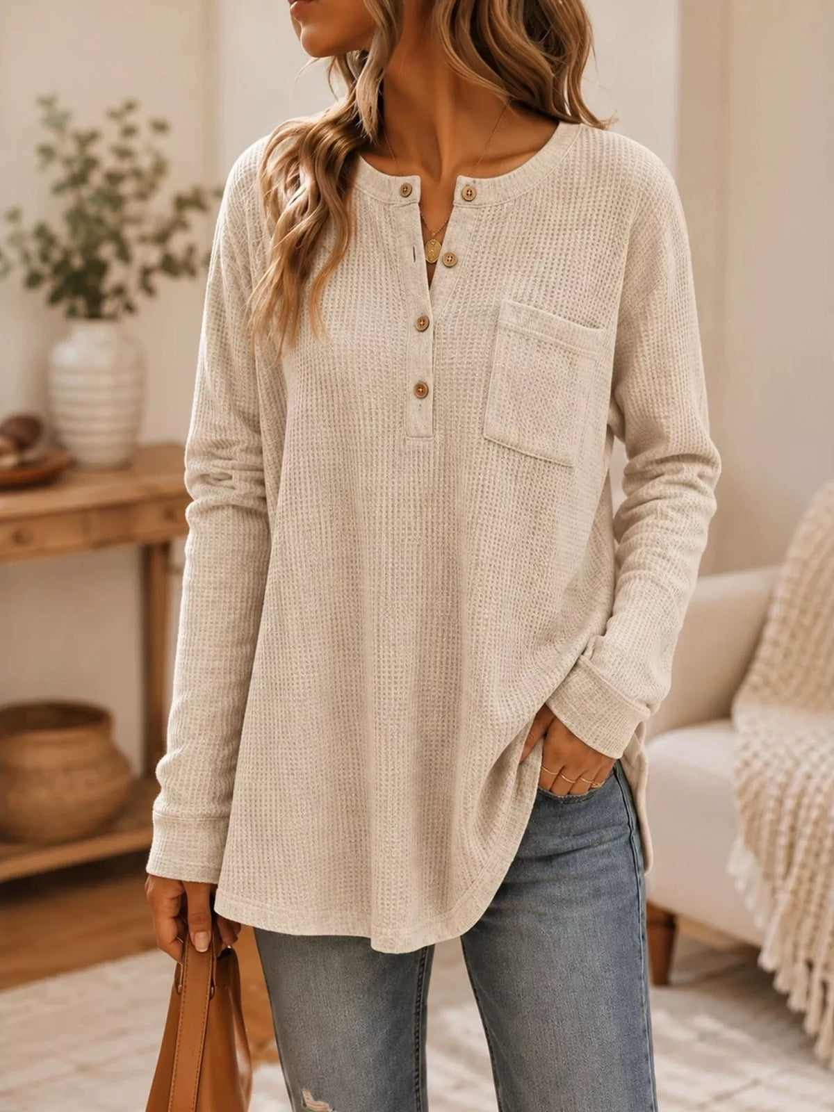 Cream waffle-knit button-detail top, front view