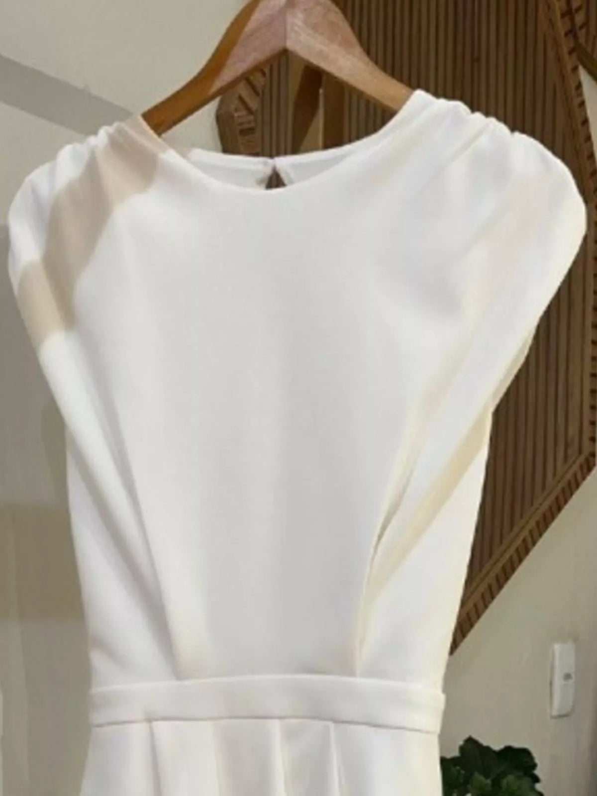 Women's Asymmetrical Backless Pleated Dress in white — neckline detail view