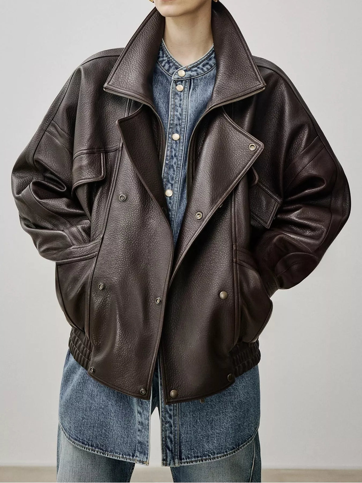 Snap Down Leather Jacket in dark brown, front view