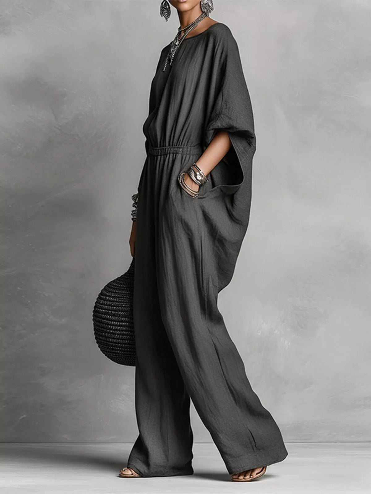 Boat-neck batwing-sleeve wide-leg jumpsuit