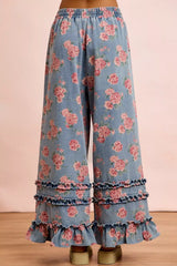Trendsi BiBi Washed Floral Denim With Ruffle Elastic Wide Pants - Pants