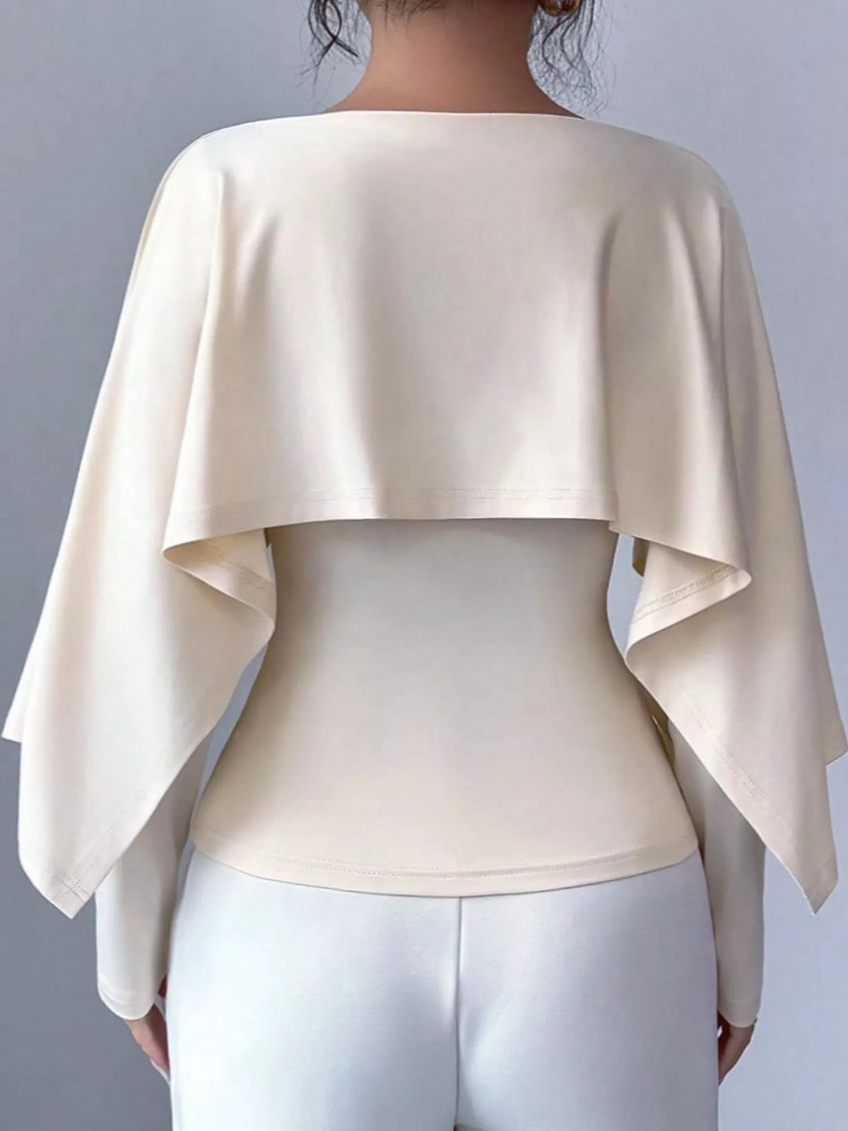 Layered Cape-Style Blouse with Slim-Fit Bodice — back view
