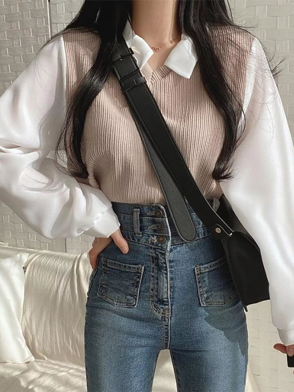 Layered blouse, taupe and white front